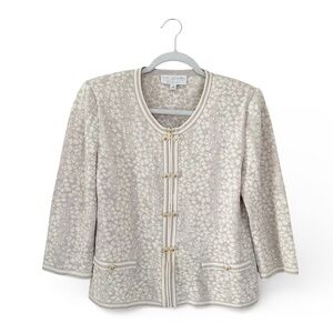 St. John Collection White/Grey Geometric Floral Print Knit Jacket Size 8